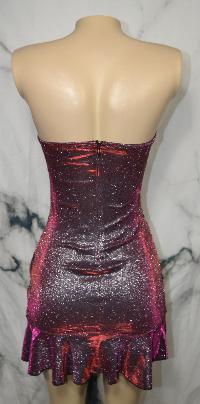 AKIRA Sparkly Purple Strapless Mini Dress XS Ruffle Hem Lined BodyCon Party