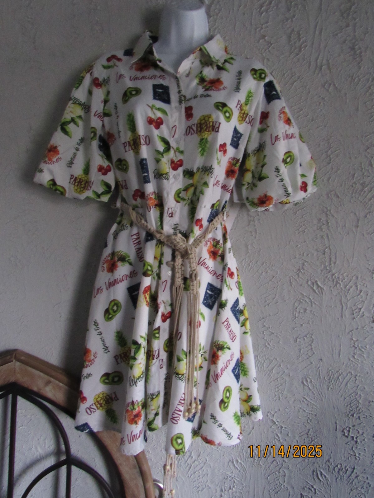 Truth nwt sz M puff sleeve shirt dress button down tropical rope belt w/beads