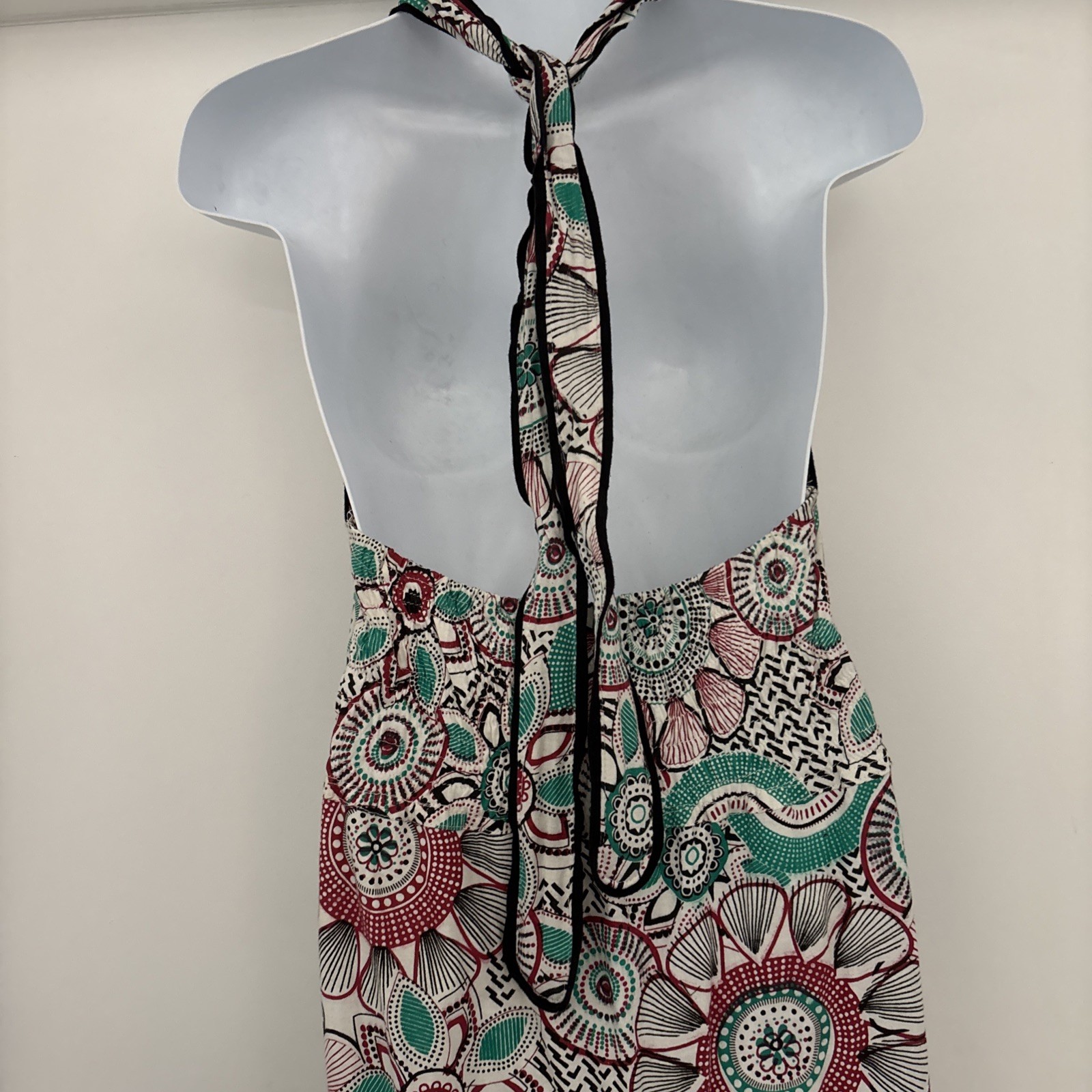 EUC Jayli Open Back Tie Halter Midi Dress Green Black Hippie Beach Boho M