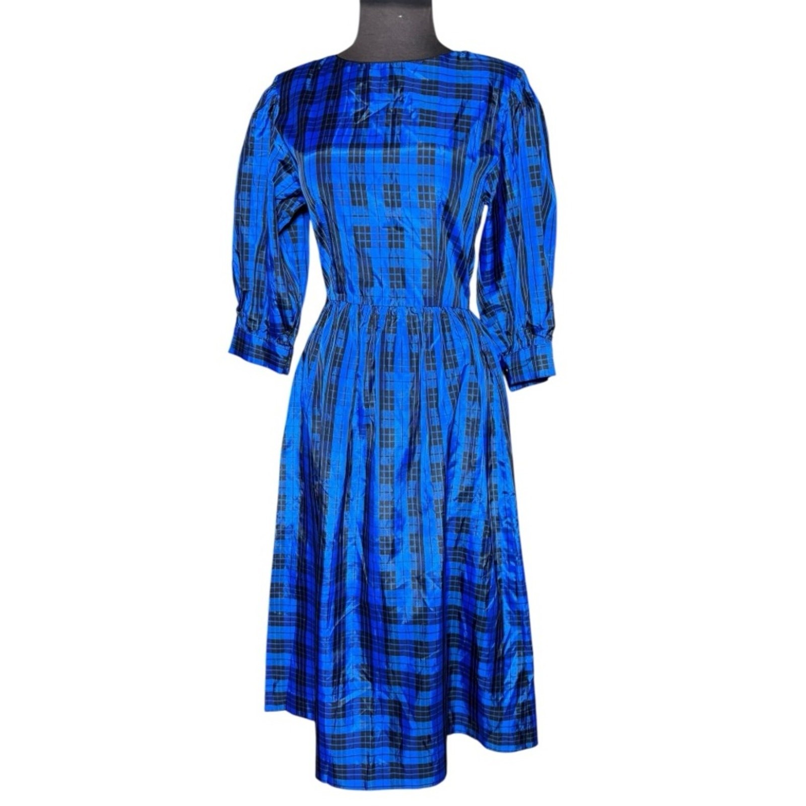 Vtg Satin Preppy Plaid Modest Full Skirt Size Small Feminine Ladylike Retro