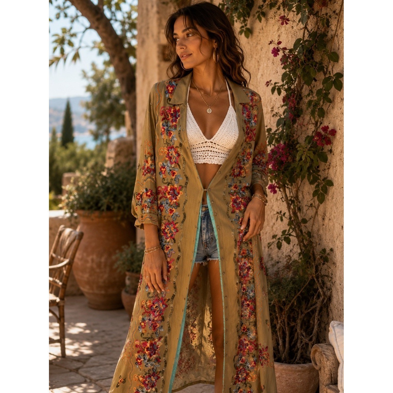 Aratta Boho Embroidered Khaki Duster / Maxi Dress Peacock Floral Festival JW