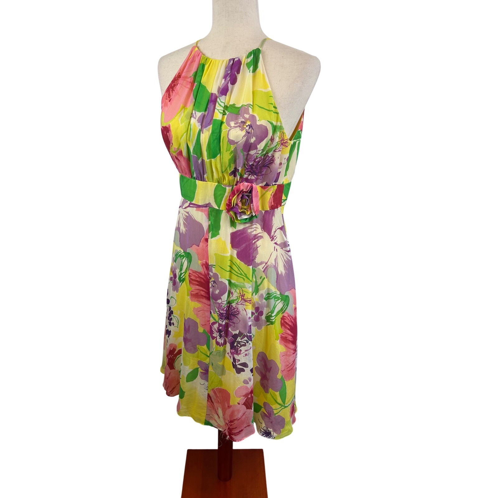 Y2K Madison Floral Halter Dress 100% Silk Flower Accent Party Cocktail Size 8