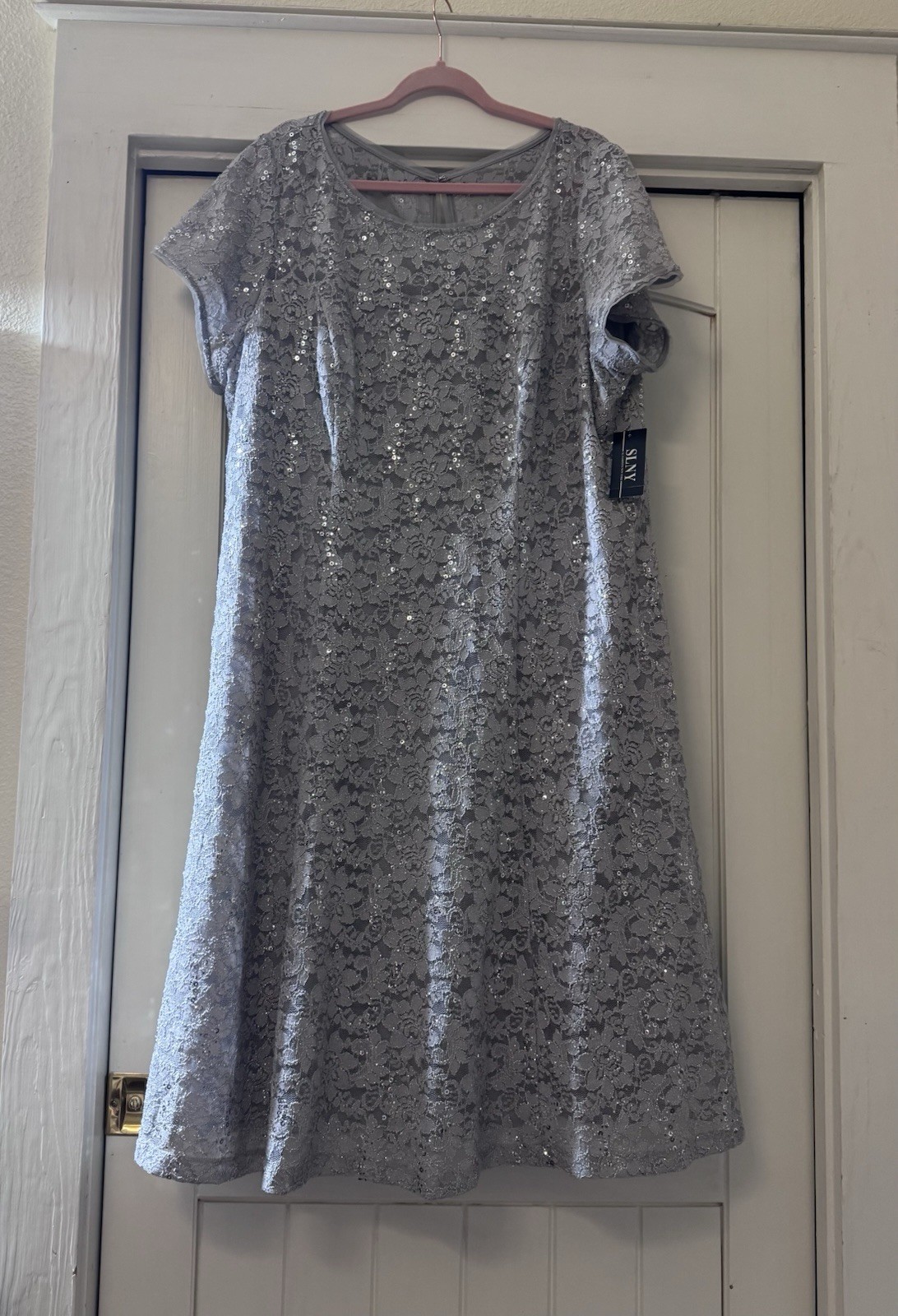 NWT SLNY Silver Lace Sequin Midi Dress Illusion Scoop Collar Size 24W for $30