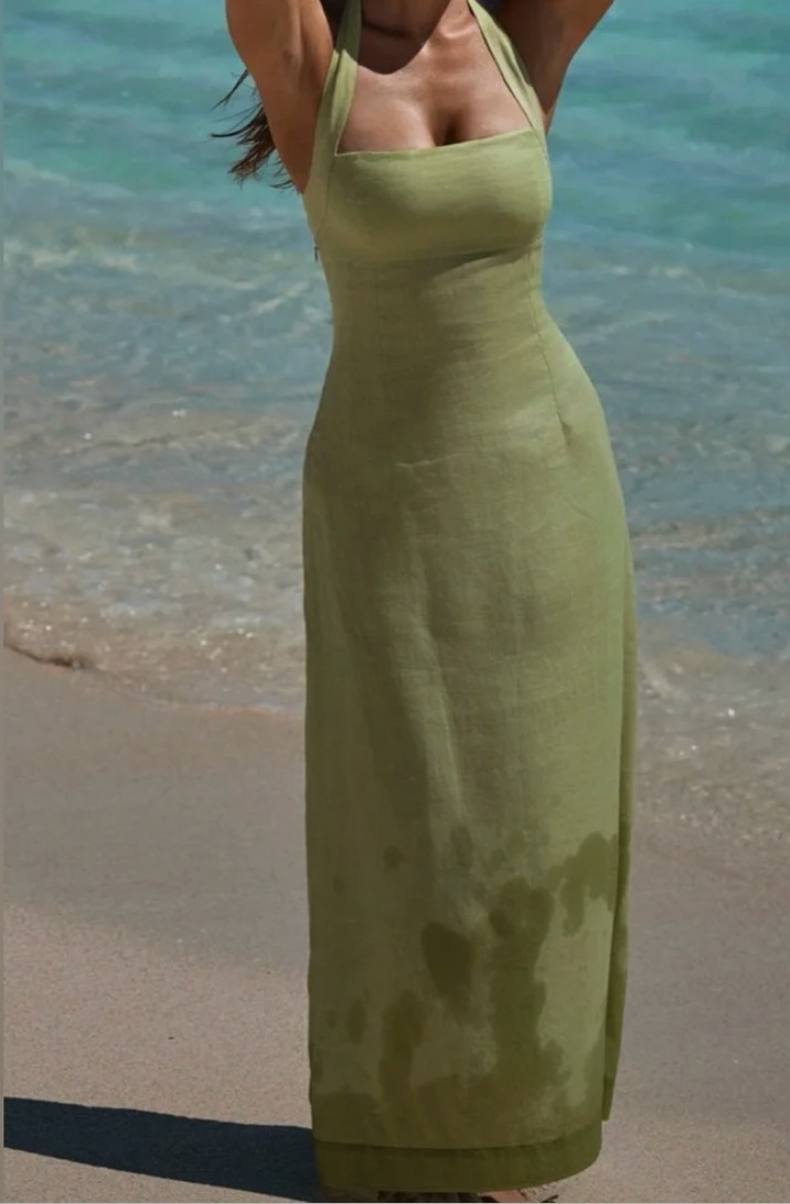 MONDAY Swimwear Linen Montserrat Dress Beach Cover-Up Women’s Medium Green Maxi