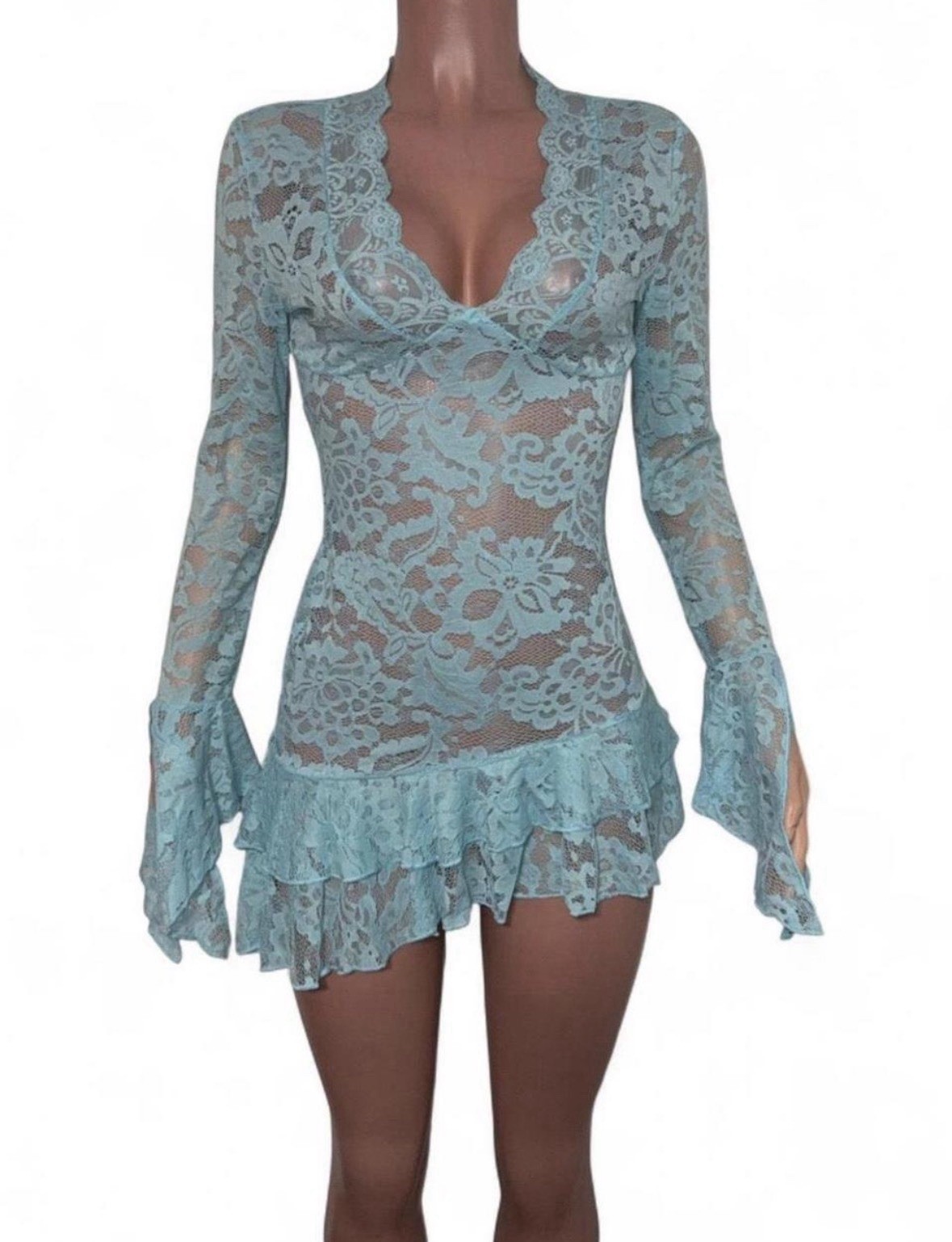 Sexy Baby Blue Lace Ruffled Micro Mini Dress XS See-thru Bodycon New Going Out