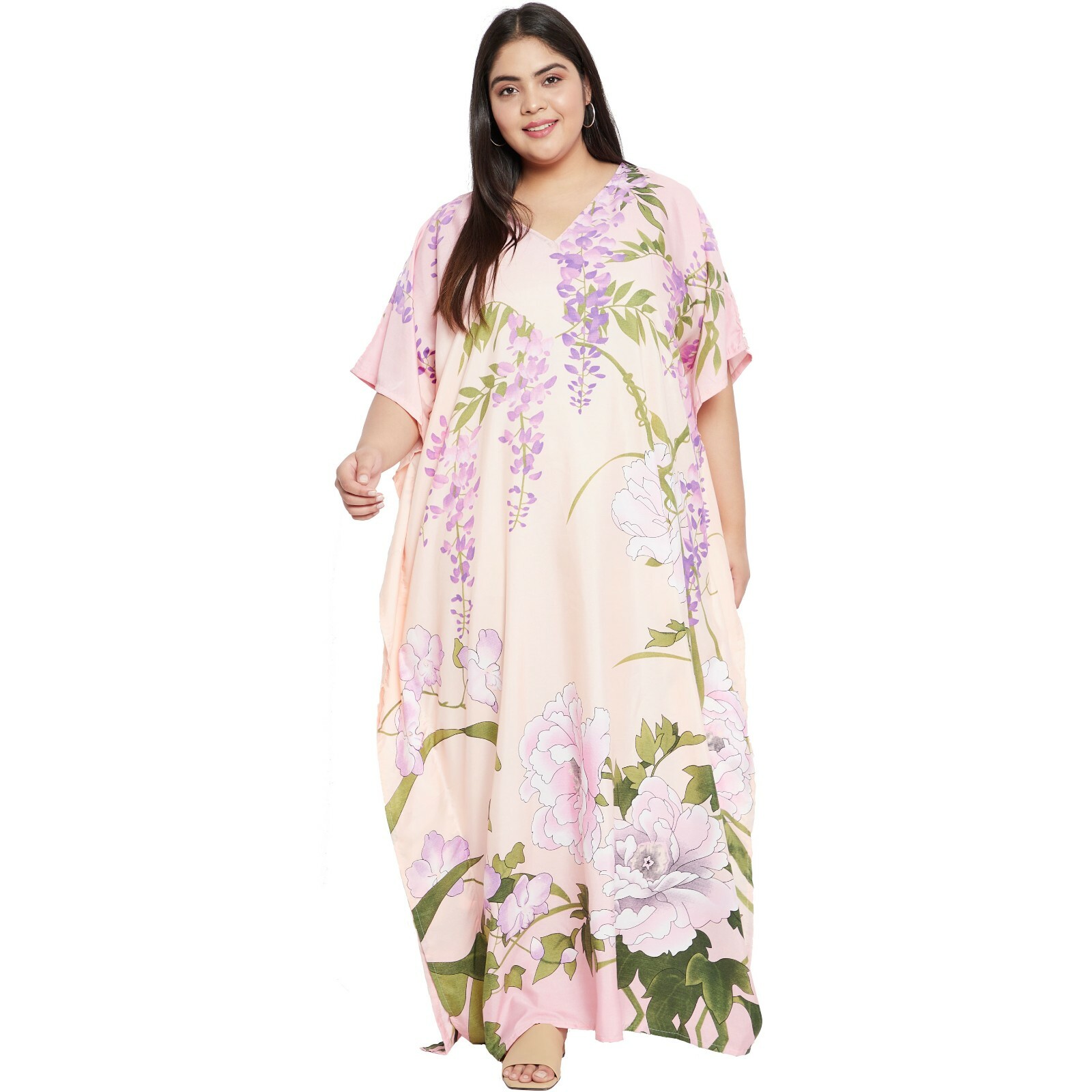 Gypsie Blu Women Floral Long Maxi Dress Round Neck Kaftan Ladies Gown Pink Dress