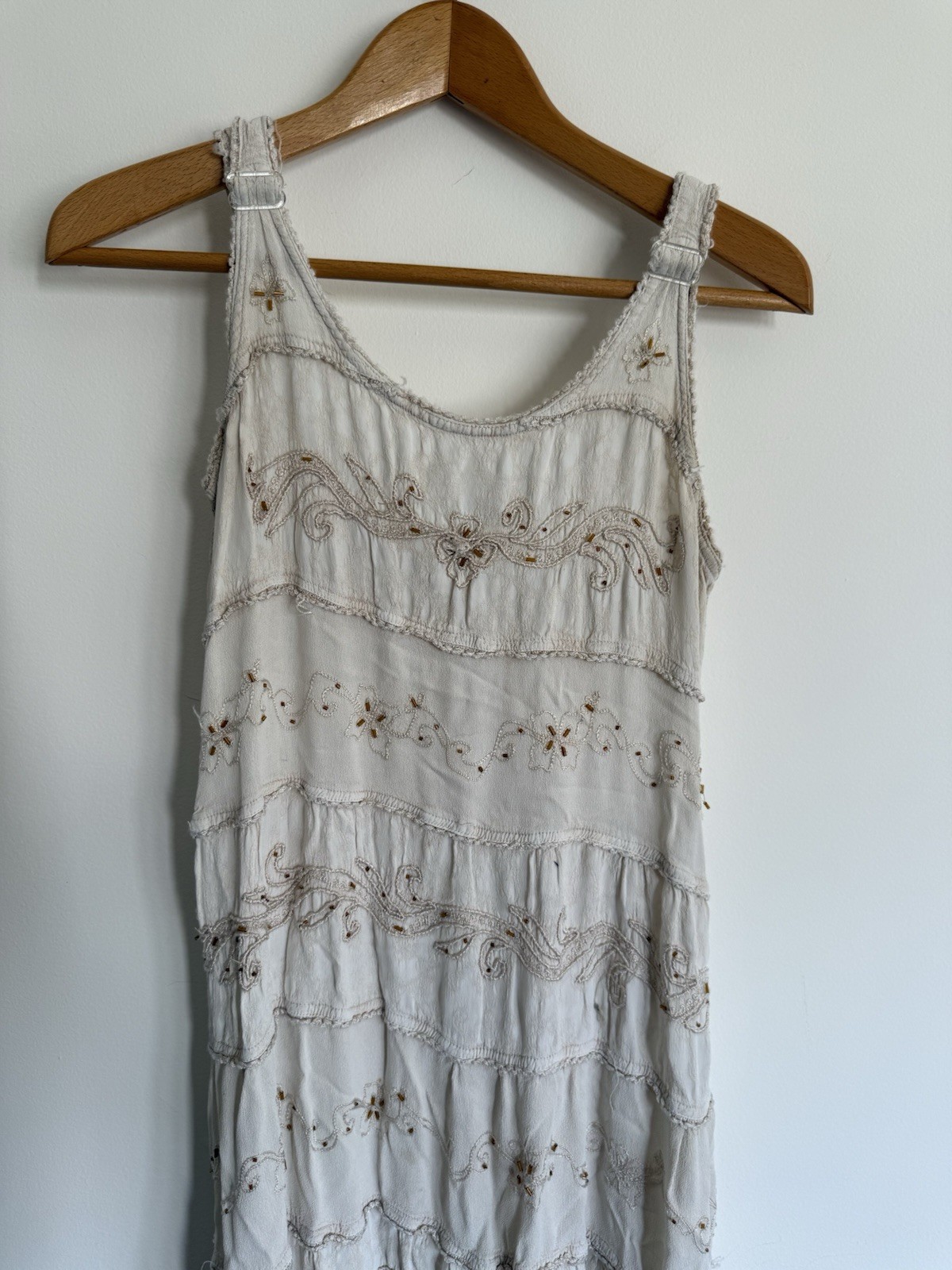 Vintage Neelam Dress Small Off White Tiered Maxi Embroidered Whimsigoth Boho