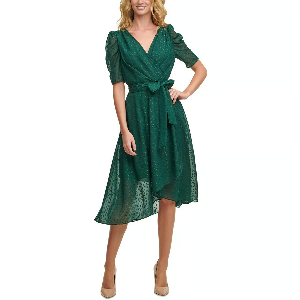 Tommy Hilfiger Womens Glitter Puff Sleeve MIDI Dress MSRP $139
