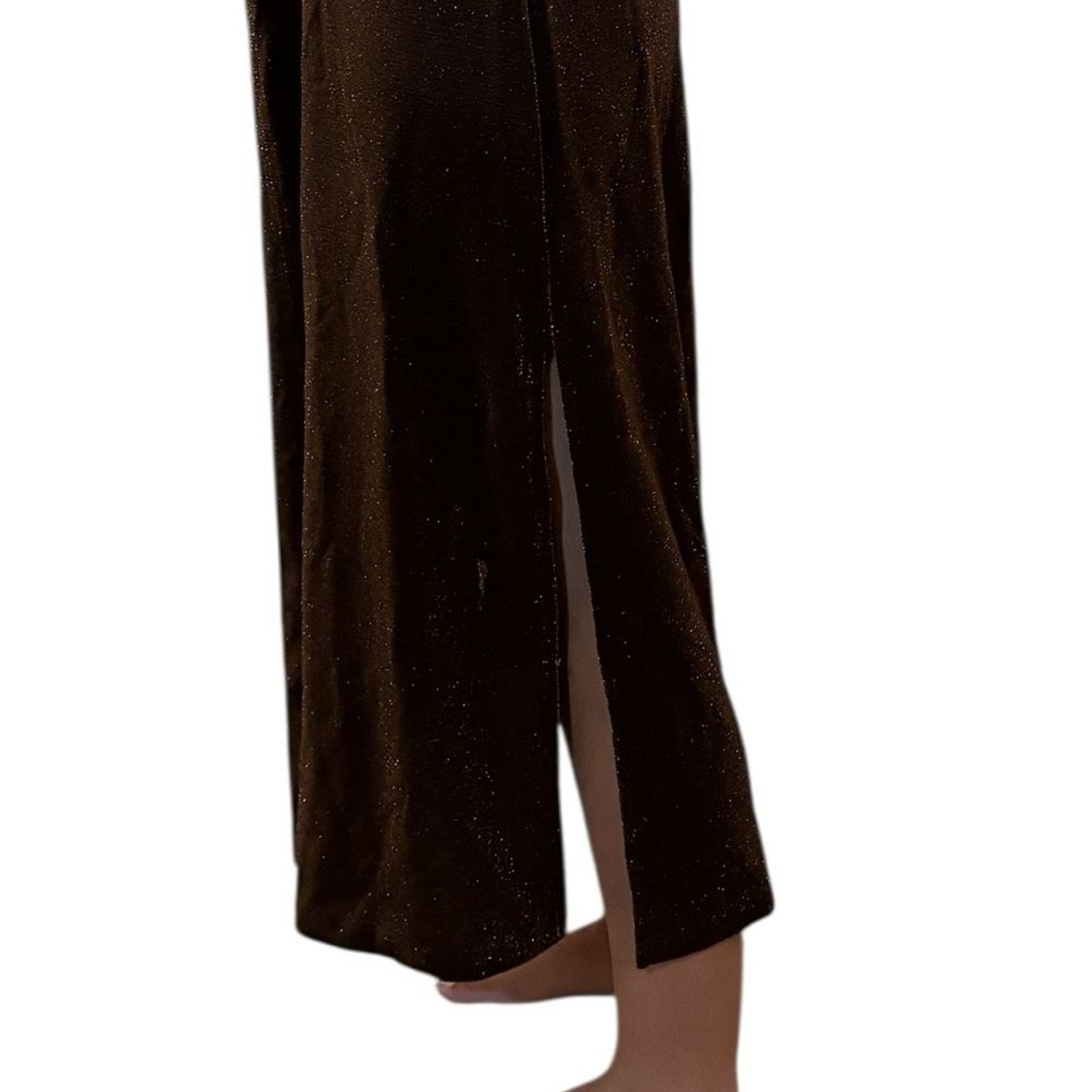 Vintage Elegant chocolate Brown metallic gold Maxi Dress mock neck side slit