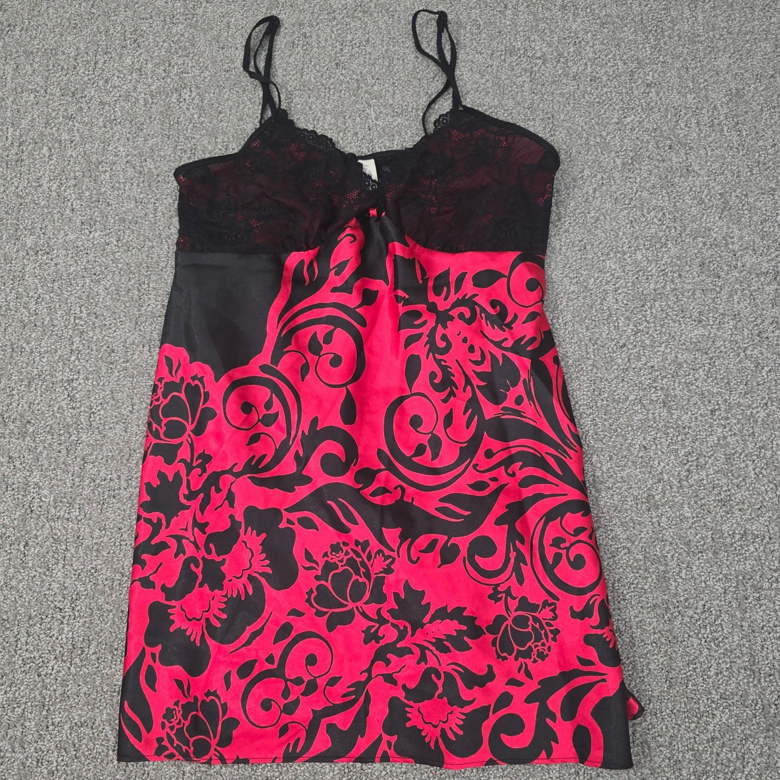 Y2K Red Black Satin Lace Mini Dress Spaghetti Strap Glam Party Size L