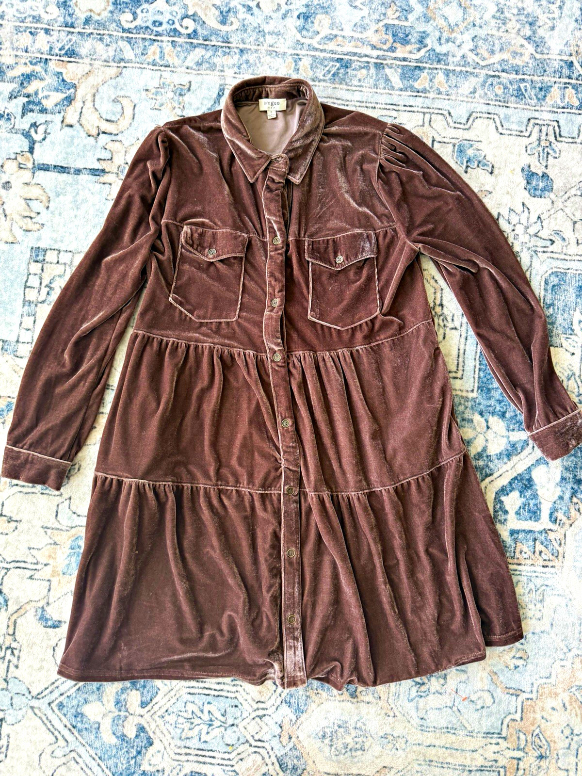 UMGEE Women’s Brown Velvet Button-Front Collared Shirt Dress w/ Pockets S