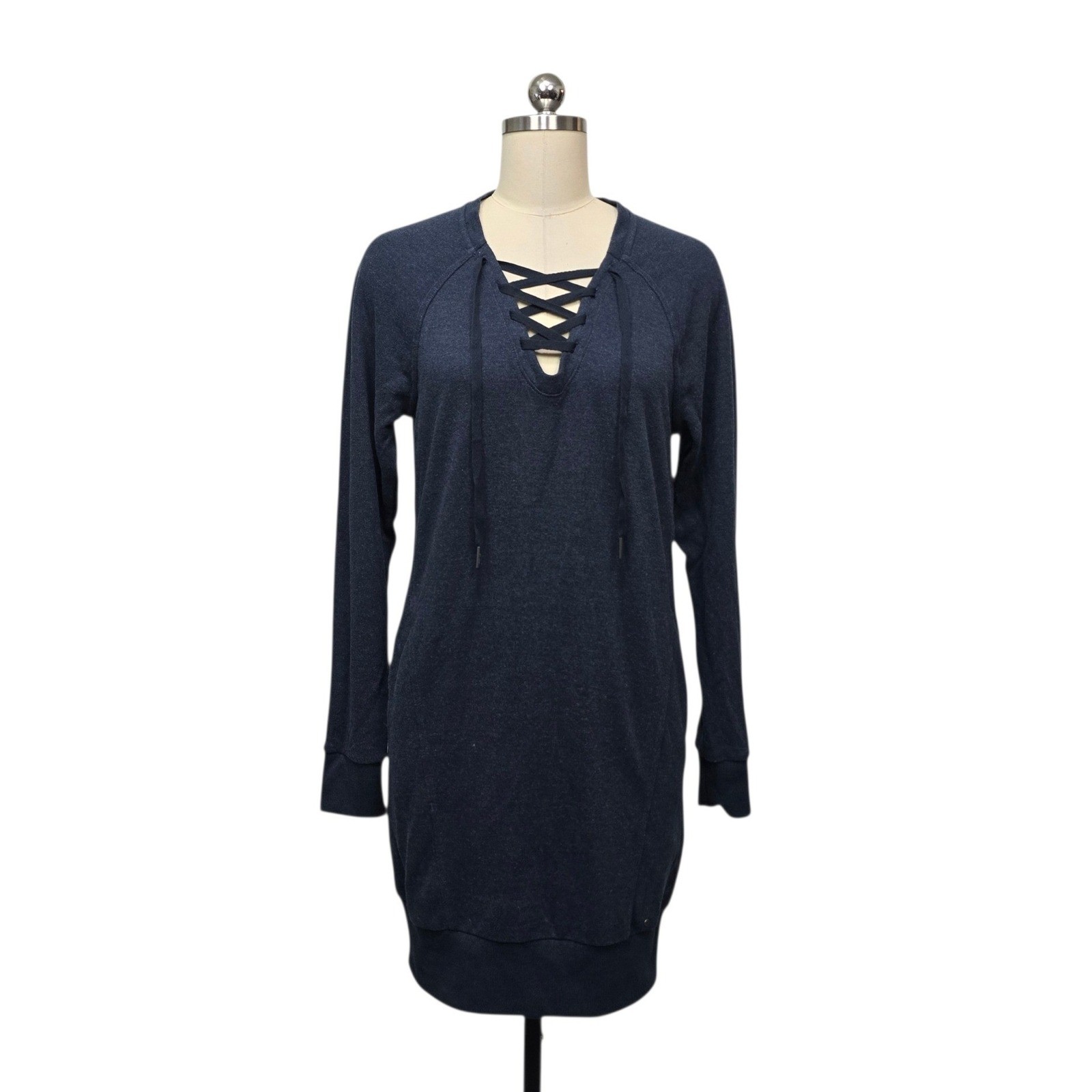 prAna Women Size XS Blue Gray Hemp Blend Lace Up Sweatshirt Dress Raglan Sleeve