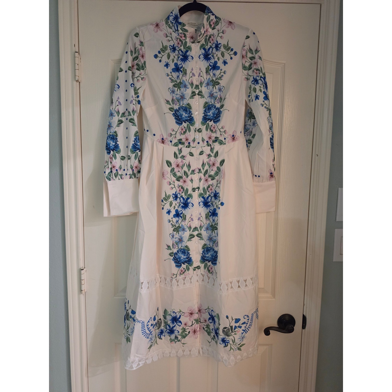 Sunday Up Floral Midi Shirt Dress Blue Pink Botanical Crochet Lace Cream Small