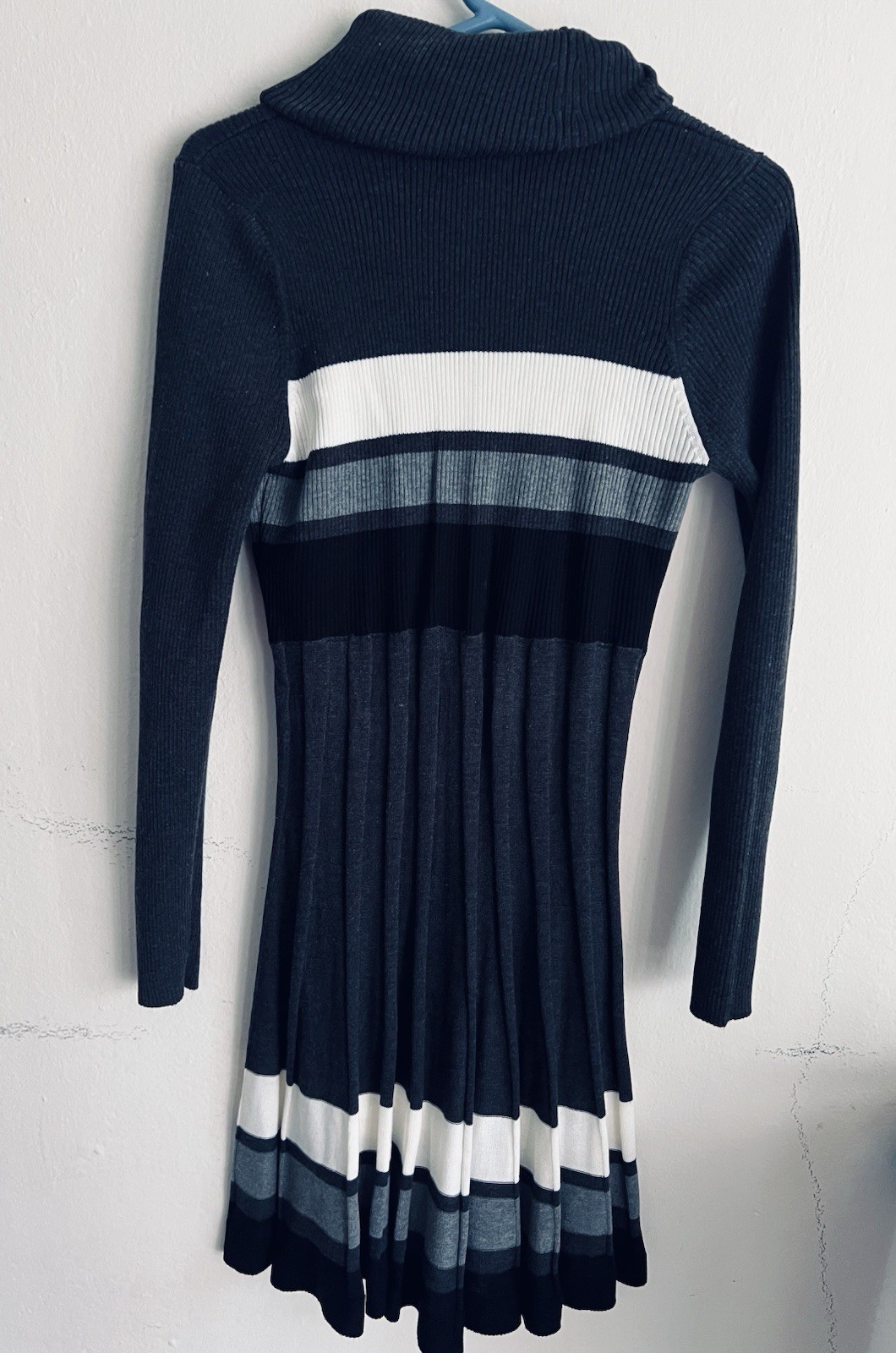 Calvin Klein Fit & Flare Dress Black Gray White Striped Cowl Neck L