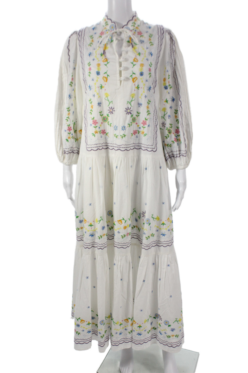 Alemais Women Maxi Shirt Dress White Floral Cotton 3/4 Sleeve Button Size 4