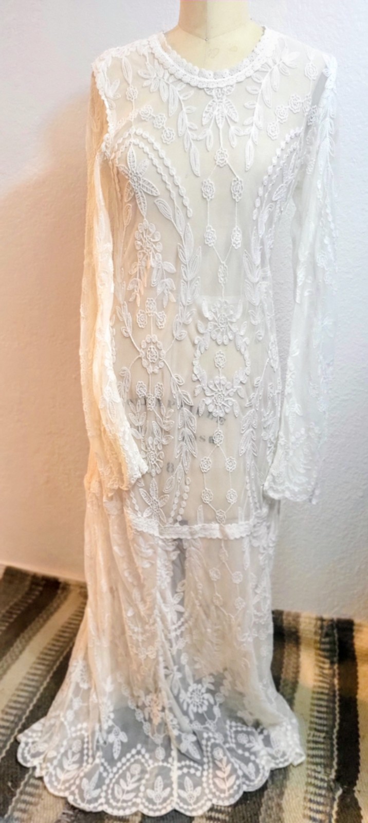 Double D Ranch White Sm Lace Sheer Embroidered Floral Long Sleeve Maxi w/Slip