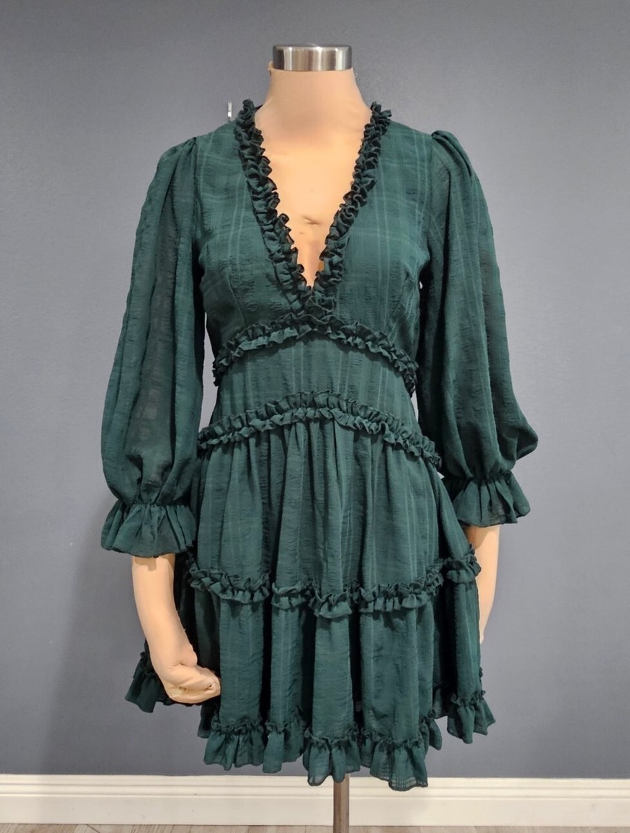 Vintage Women Solid Green Mini Dress V-Neck Long Sleeve Ruffle Open Back Size M