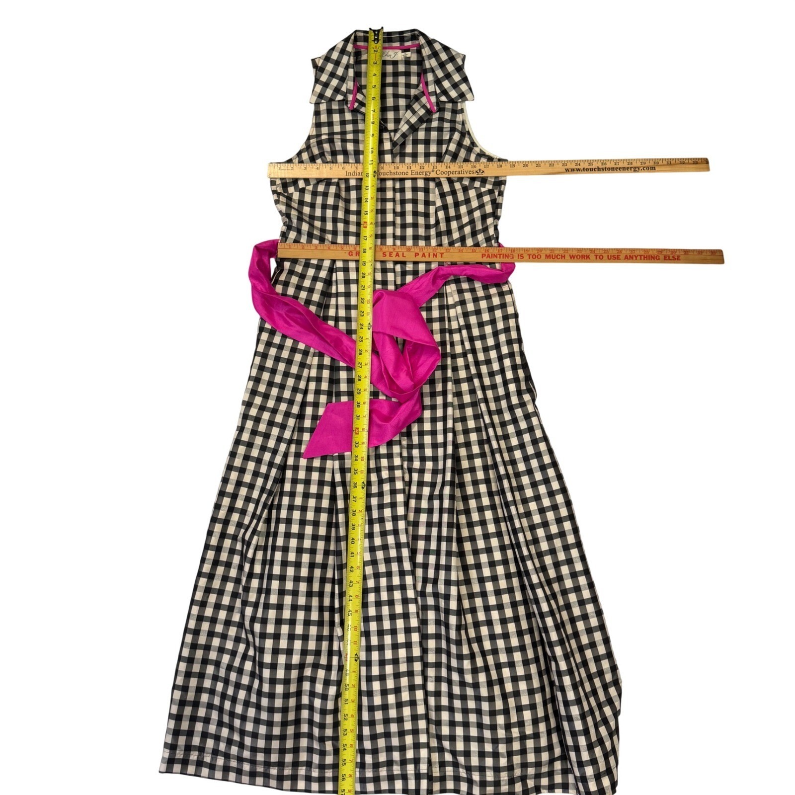 Eliza J Gingham Maxi Dress Black White Check Pink Sash Sleeveless Formal 10