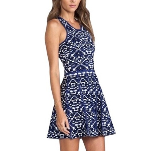 Parker Women’s Kaitlyn Fit & Flare Dress M Blue Black White Geometric Jacquard