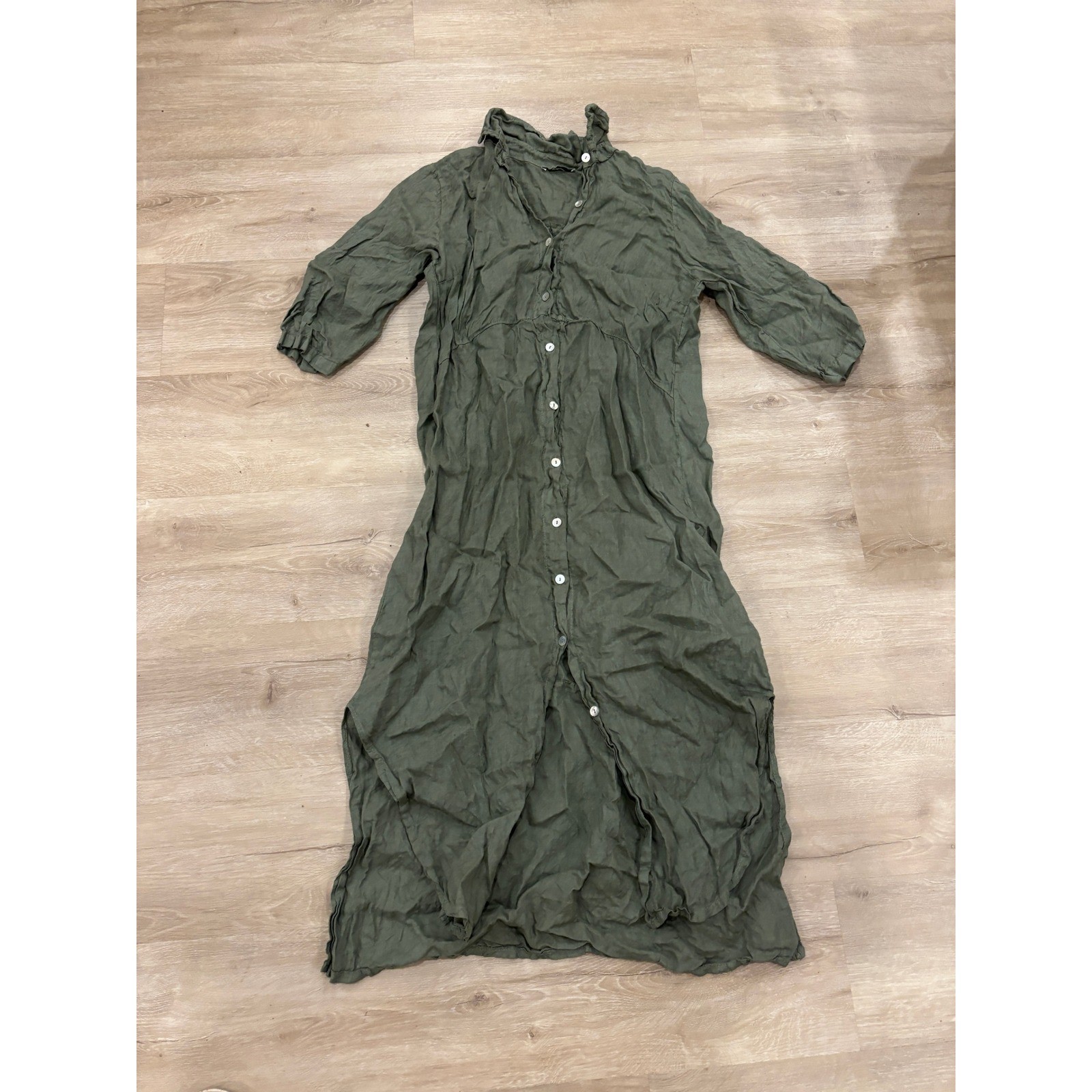 Meo Meli Italy Olive Green Linen Button Front Maxi Dress Duster Lagenlook L/XL