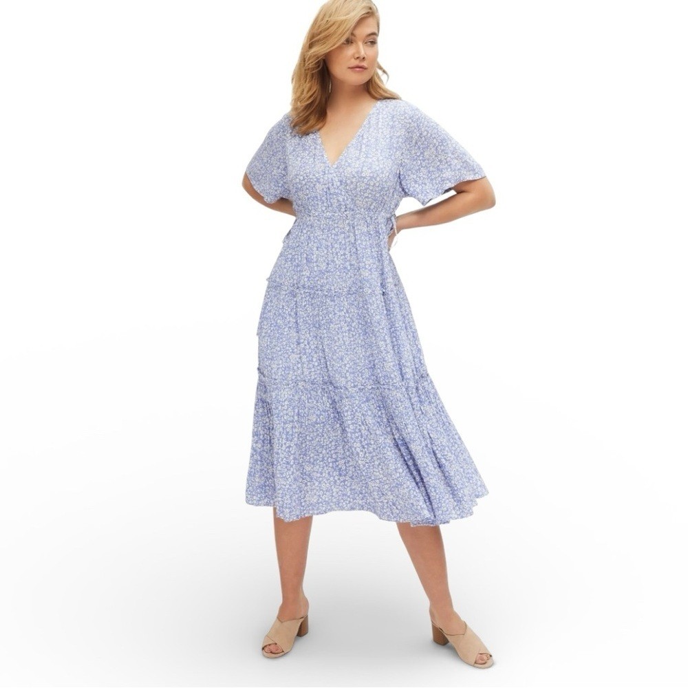ELLOS Tiered Midi Dress Surplice Neckline in French Blue Ditsy Floral, Size: 18
