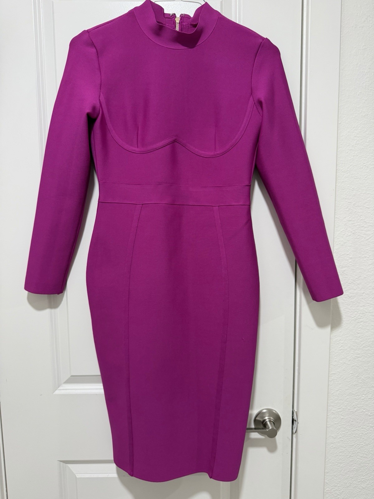 Purple Mock Neck Sheath Dress YS Knit Long Sleeve Knee Length Zip Zipper
