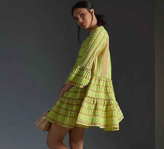 Devotion Twins Anthropologie Dress Womens Small Ella Lime Embroidered Mini Boho