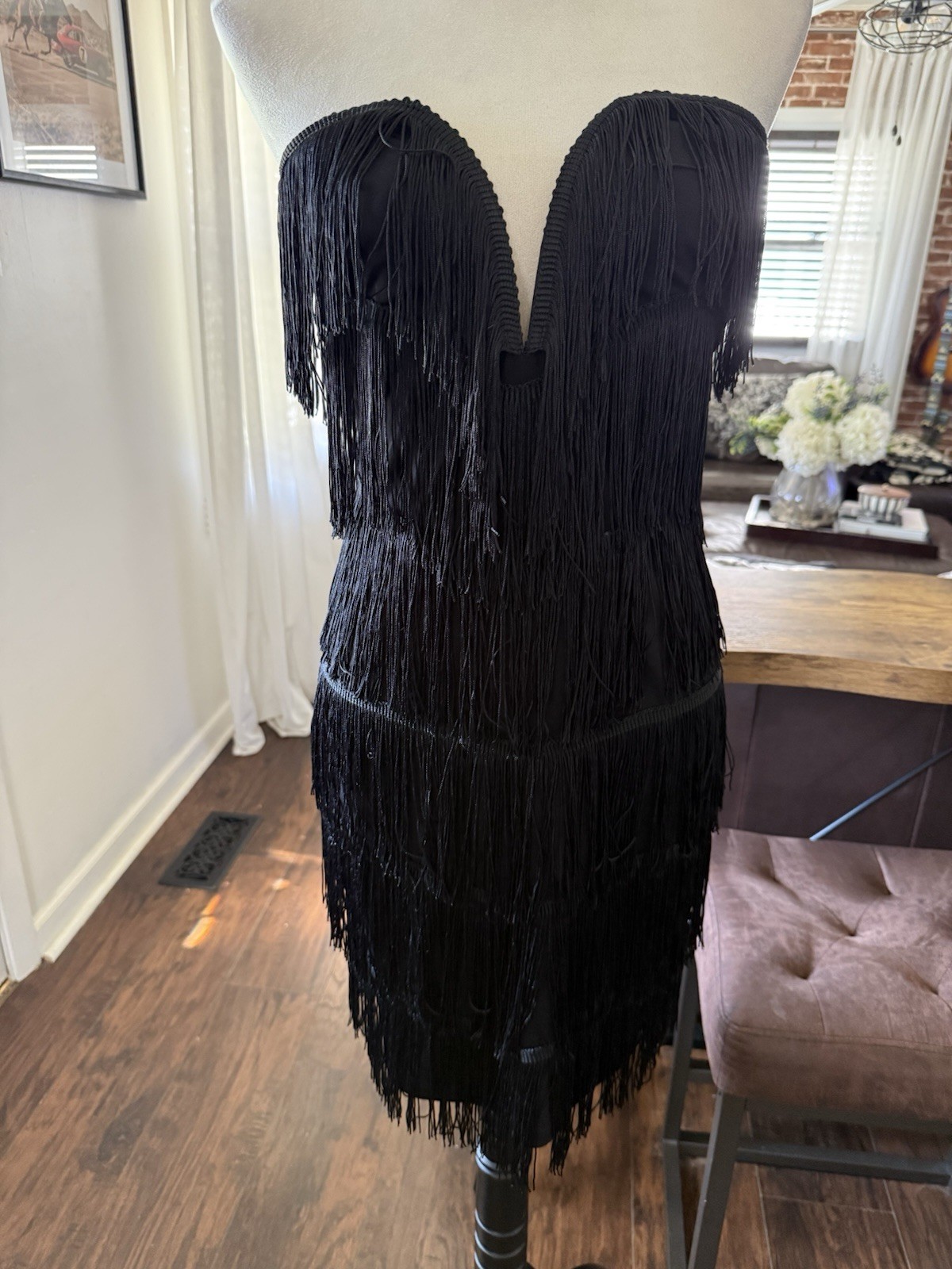 NWT Black Strapless Fringe Sexy Cocktail Midi Body-con Dress Size L Stretch