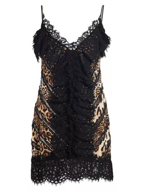 AMEN Lace Animal-Print Silk V-Neck Spaghetti Strap Slip Mini Dress, IT 38 (US 0)