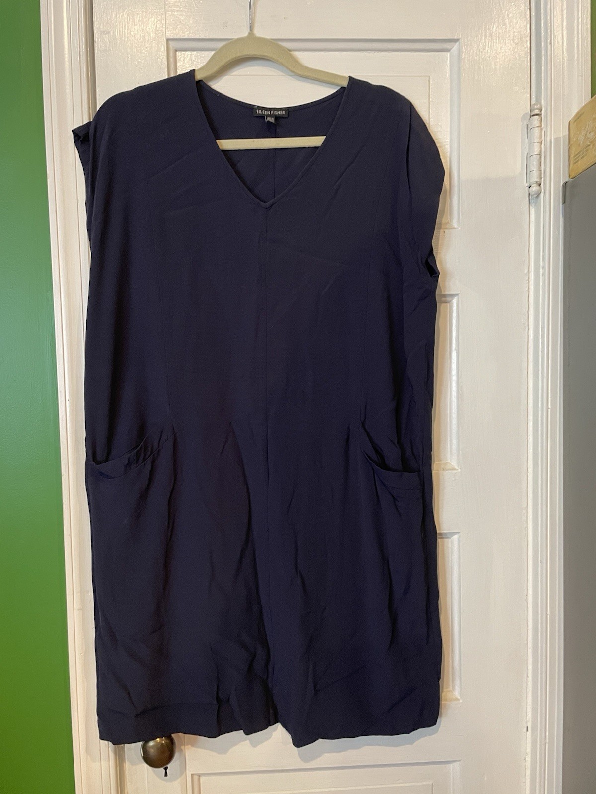 Eileen Fisher Women’s Navy Blue V-Neck Shift Dress Pockets M