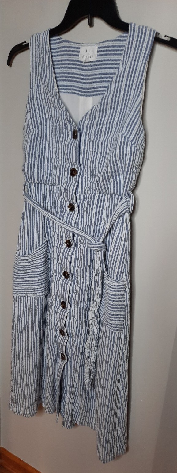 Lost + Wander Womens Full Button Front Midi Dress Size M Pinstripe Pockets