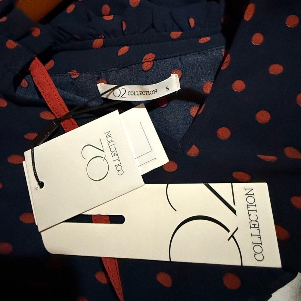 NWT Q2 Collection navy polka dot maxi dress tie neck romantic cottagecore dress