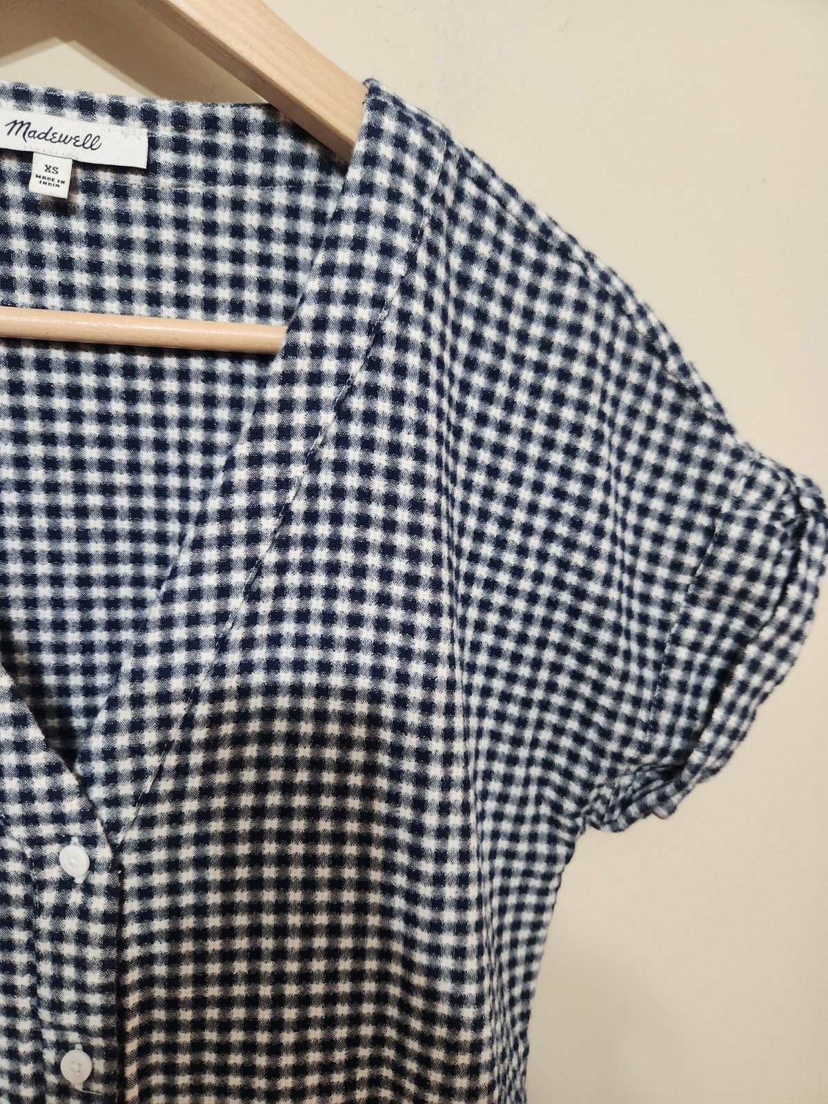 Madewell Gingham Tiered Mini Dress Blue White Cuff Sleeve Button Front XS
