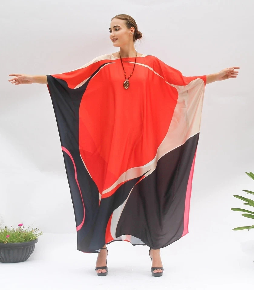 Most Beautiful Black & Red Caftan, Long Kaftan, Soft Satin Silk Kaftan J5823