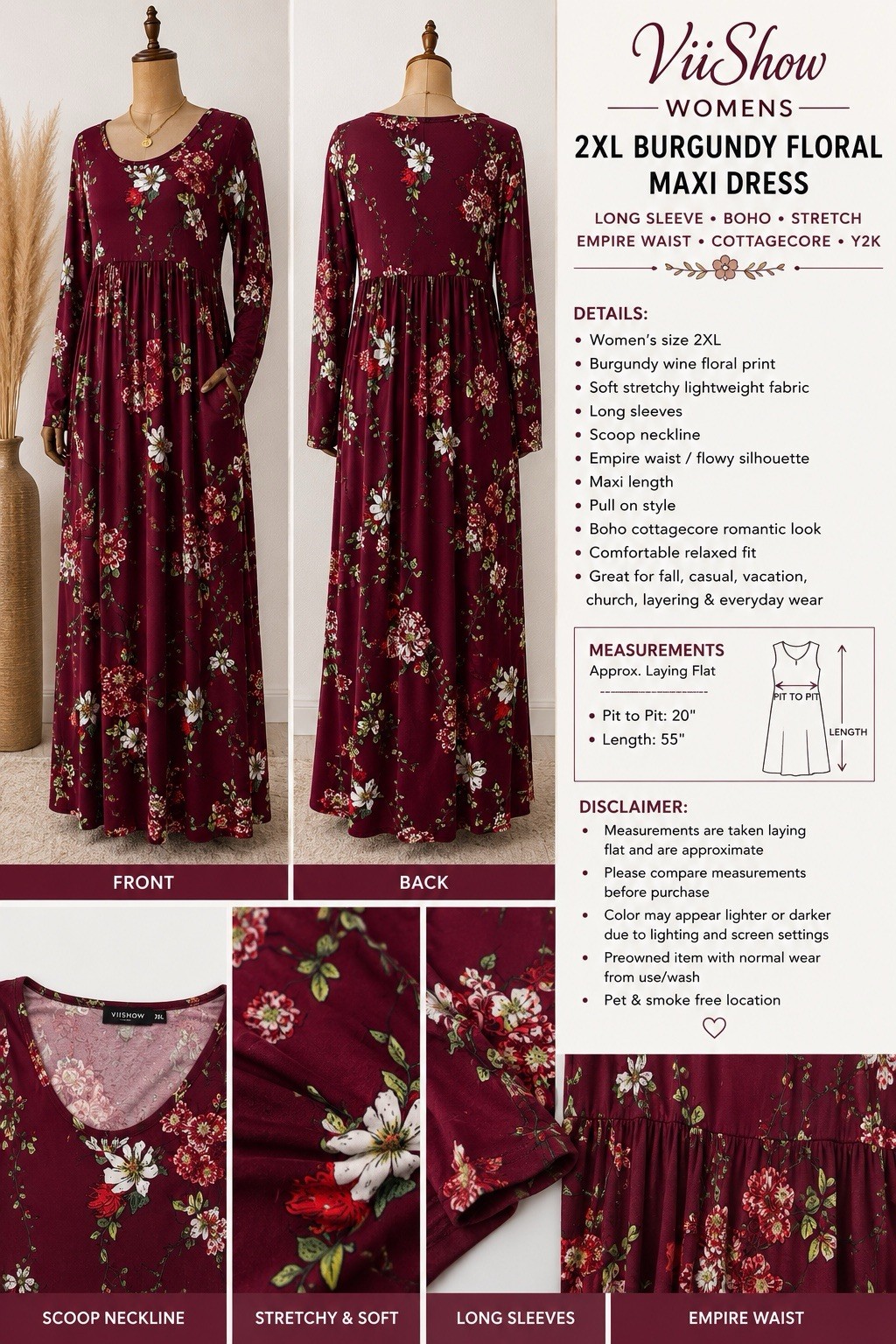 Viishow maxi floral dress size 2XL Burgundy Floral Maxi Long Sleeve Cottagecore