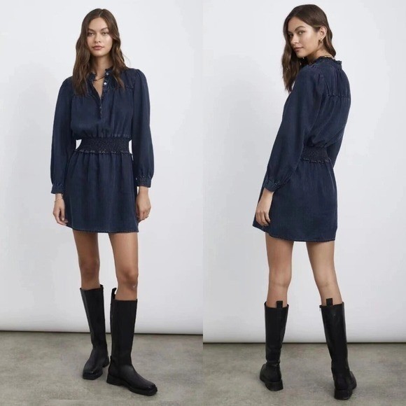 Rails Dress Womens Medium Dark Vintage Blue Shawna Mini Smocked Ruffle Denim