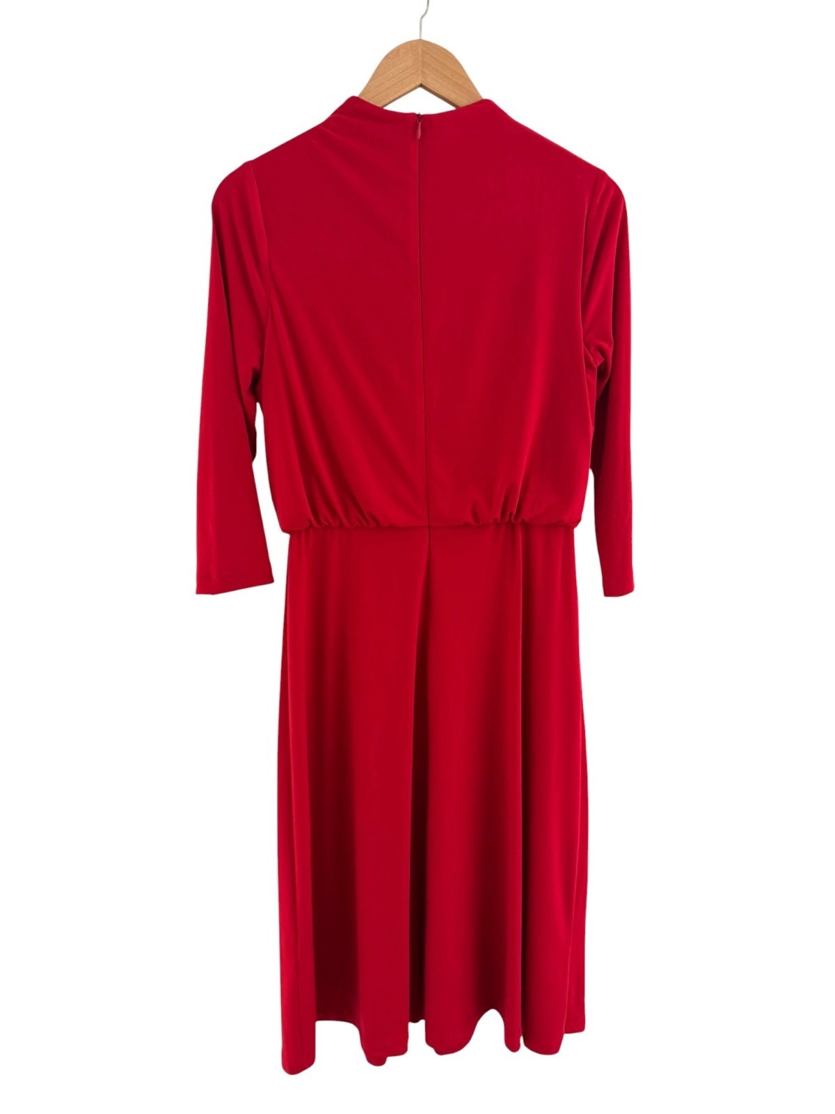London Times Red Gold Buttons Blouson Midi Dress Size 6 Stretch All-Season