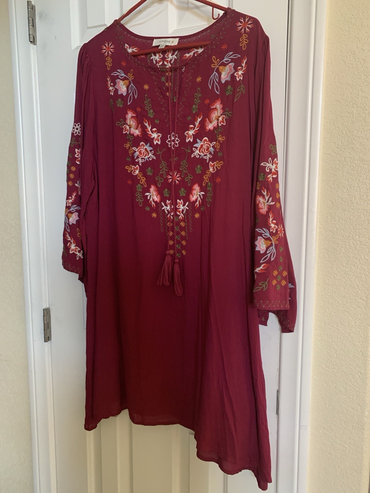 Umgee Tunic Dress Womens Burgundy Embroidered 2X