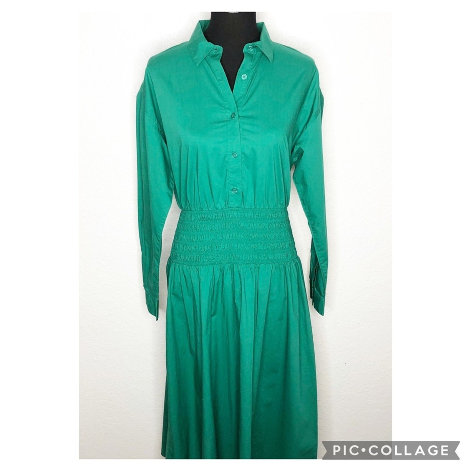 Ann Taylor green smocked waist button down midi shirt dress size 6