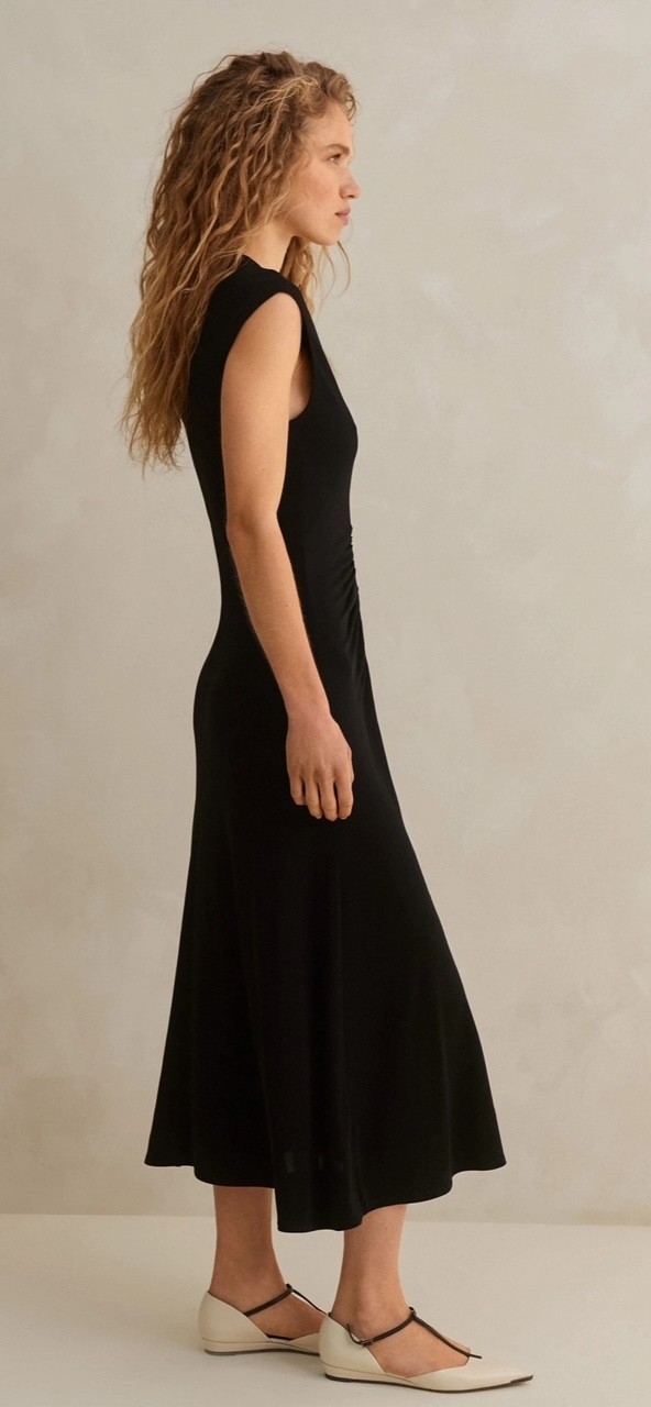 ME+EM Black Fluid Crepe Jersey Ruched Zip Front & Back Midi Dress 10 US = 14UK
