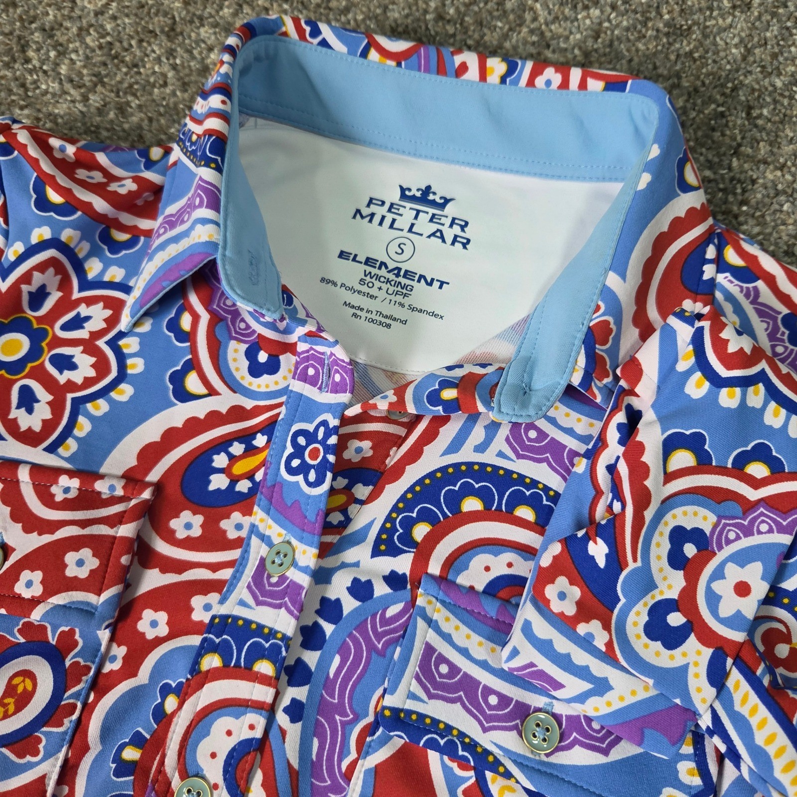 Peter Millar Element Paisley Wicking Dress Blue Red Purple UPF 50+ Small