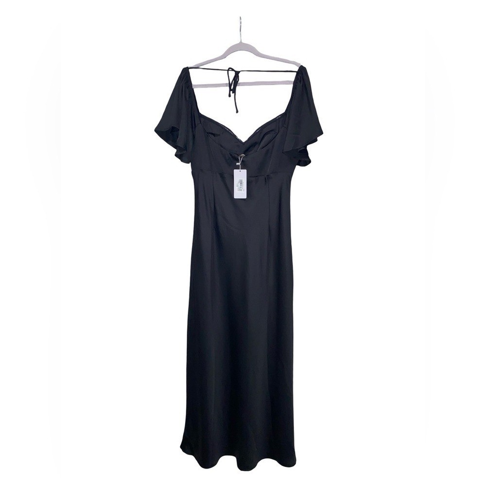 Billy J Black Satin Flutter Sleeve Maxi Dress Sweetheart Cutout Back Tie