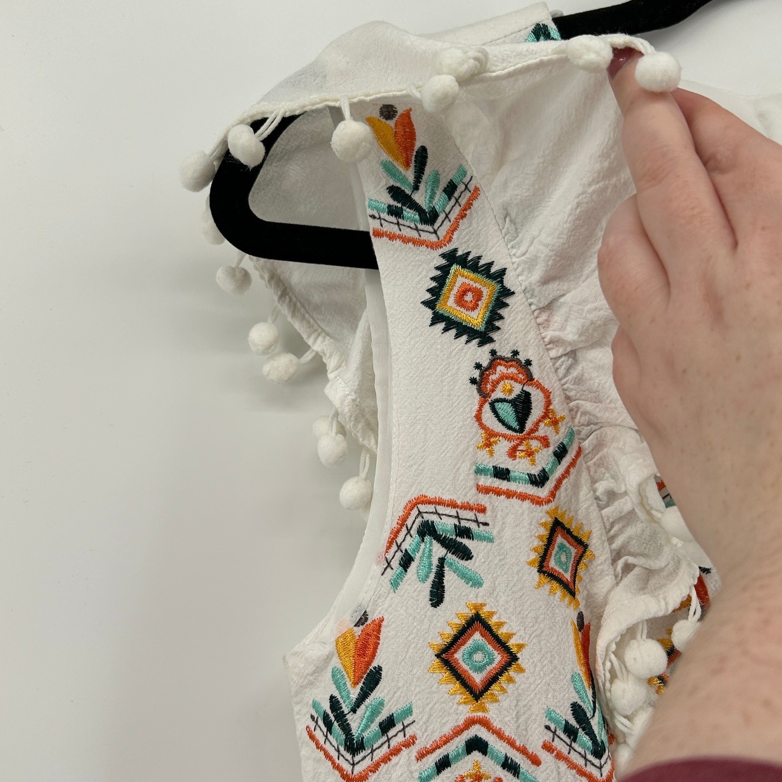 SHEIN White Colorful Embroidered Pom Pom Ruffle Mini Dress Cotton Med Boho Aztec