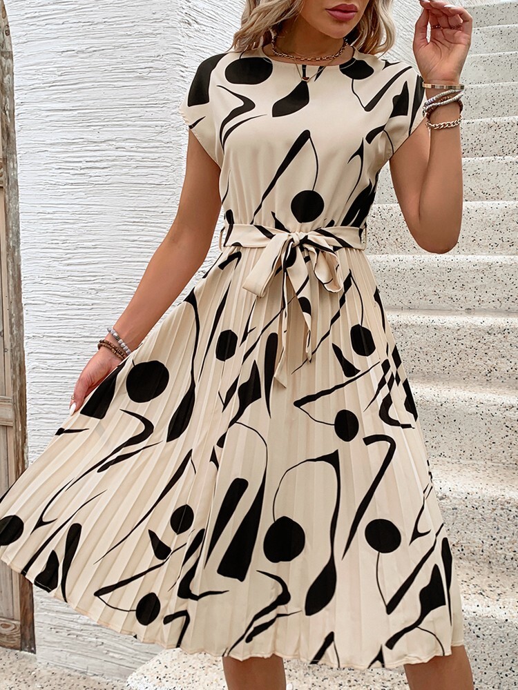 New Sleeveless Temperament Commuter Dress | Lace-Up Pleated Round Neck Skirt