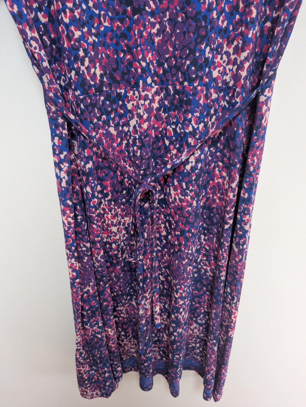 Fat Face Purple & Blue Abstract Print Dress Size 10 Jersey Stretch Ruched Sleeve