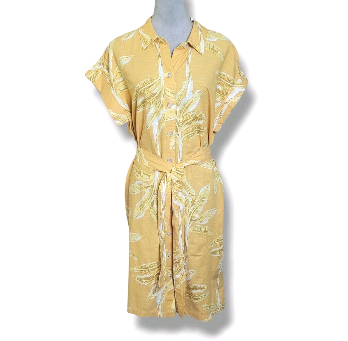 Liz Claiborne Tropical Button-Up Belted Summer Shirt Dress Pockets Size Large