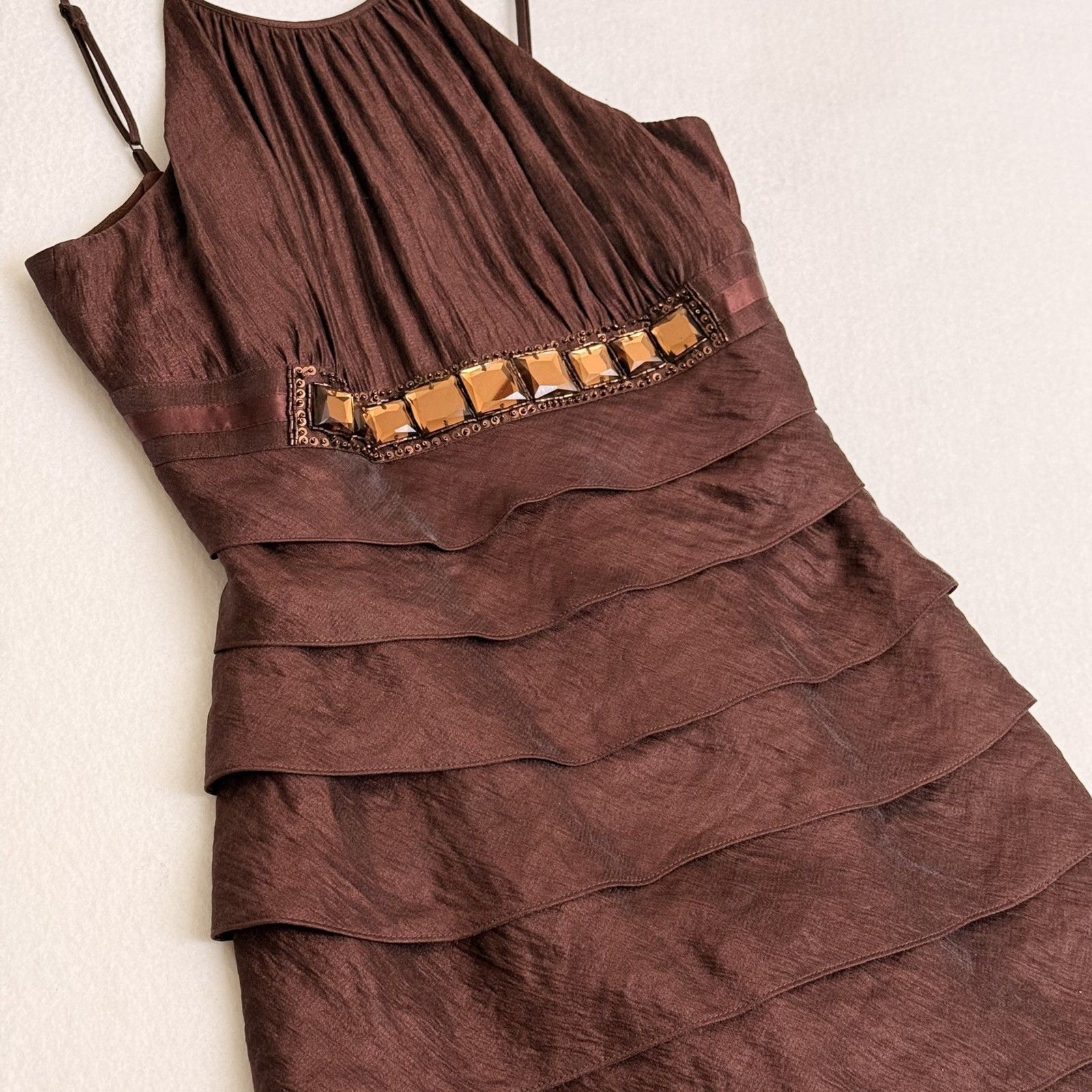 Caché Y2K Brown Iridescent Tiered Halter Mini Dress Jewel Embellishment Size 8
