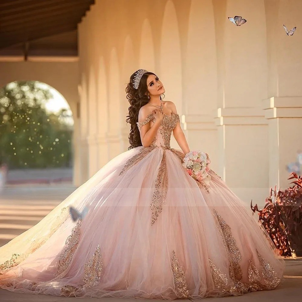 Pink Quinceanera Dress 2026 Rose Gold Lace Applique Princess Sweet 16 Ball Gown