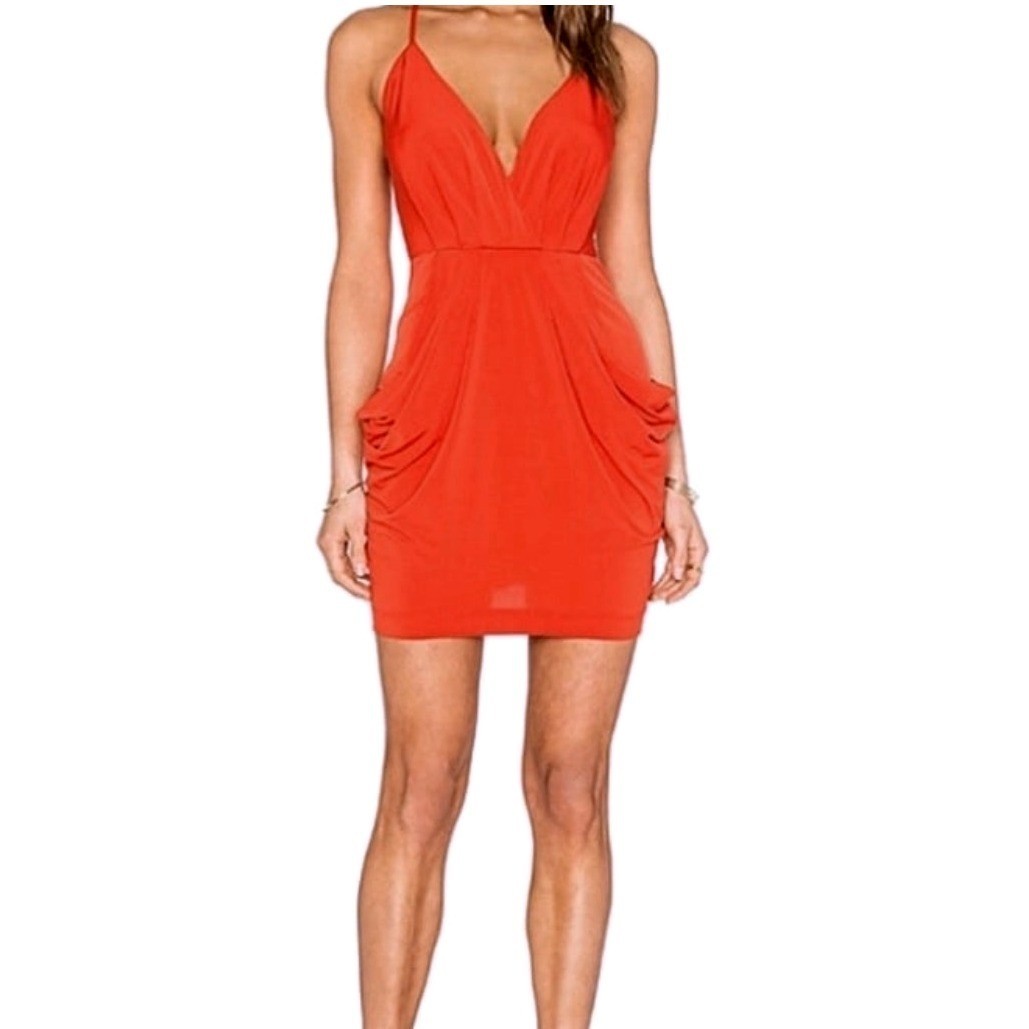 BCBGeneration Draped Mini Dress Womens Small Red Excellent Halter V-Neck Snaps