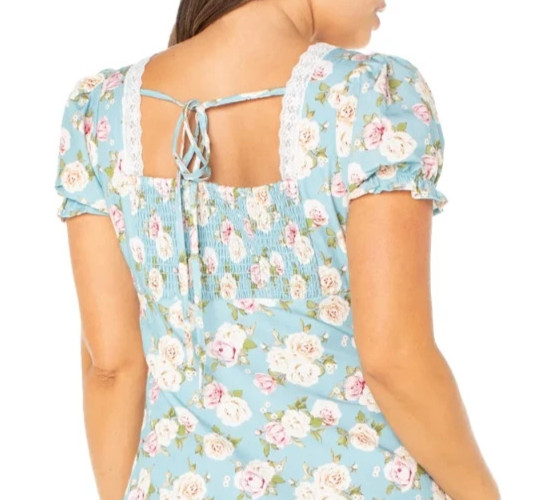 Celebrity Pink Womens Dress Sz S Blue Floral Lace Trim Smocked Back Cottagecore
